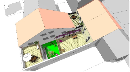 Exemple 7 : Démolir une partie des bâtiments sur la parcelle pour retrouver de la luminosité dans l’ensemble des parties conservées.